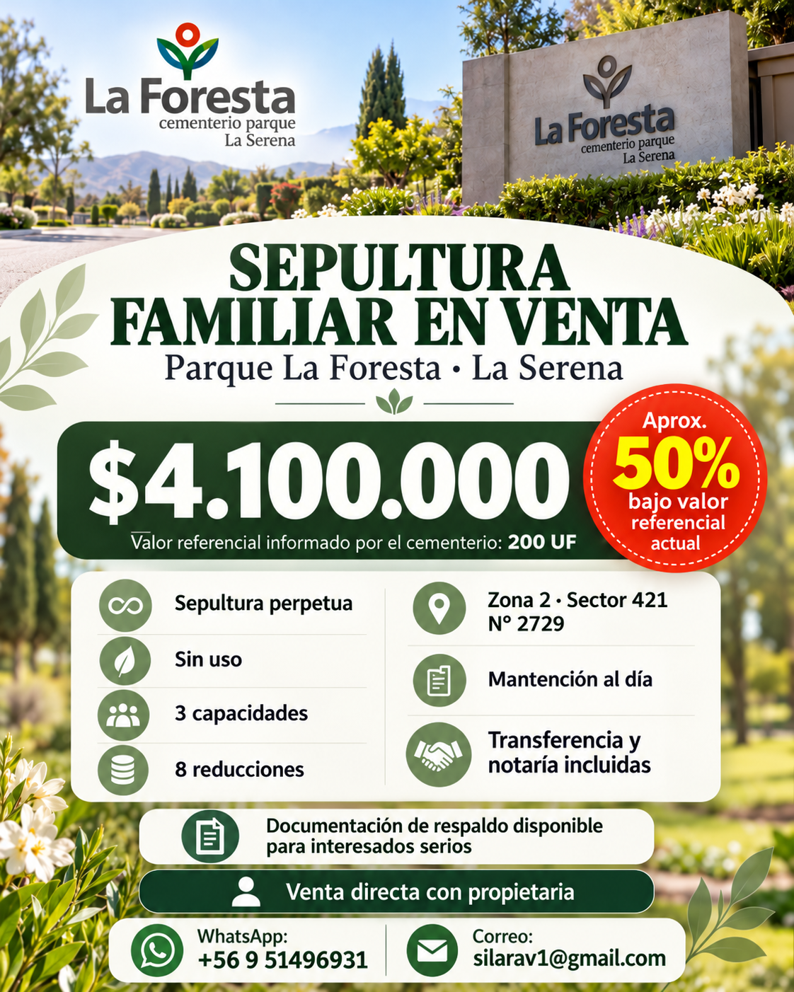 Gran Oportunidad de Sepultura Familiar Perpetua sin Uso – Parque la Foresta, la Serena — foto 1